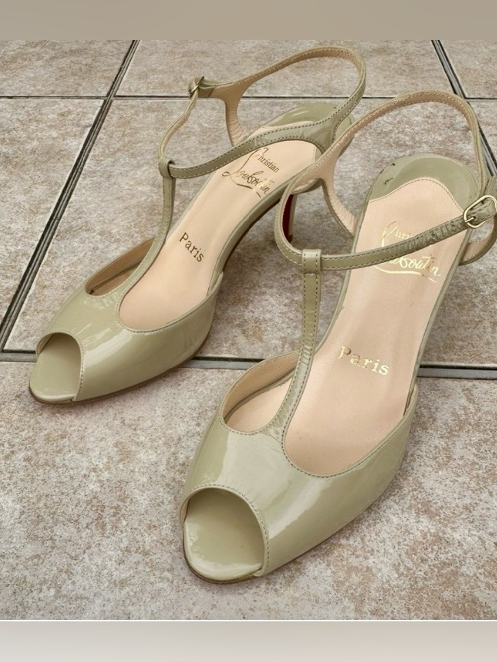 Christian Louboutin tan  T-Strap Peep-Toe Slingback Heels - Picture 15 of 15